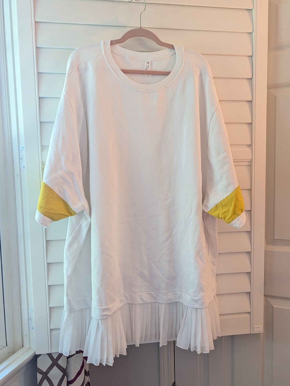 Anthropologie White Tunic Sweatshirt with Yellow Sleeve Panels
